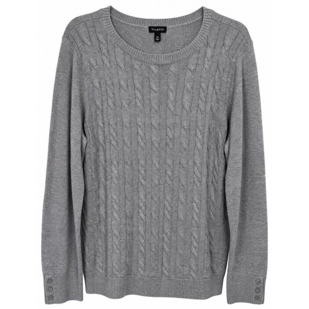 Talbots Women’s XL Gray Lambswool Cable Knit Sweater Button Cuff Classic Preppy